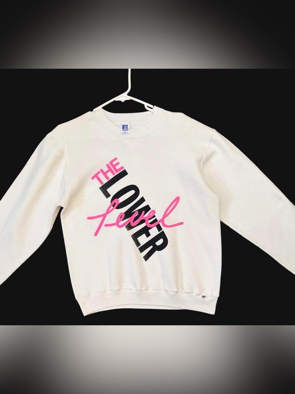 Vintage Russell Athletic White pullover  with Pink and Black Print